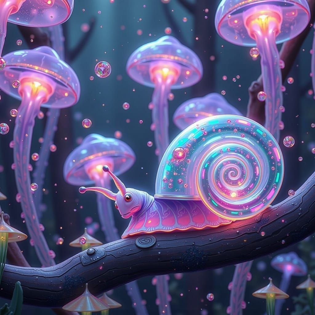 Surreal Bioluminescent Snail Creature in a Glowing Ammonite ...