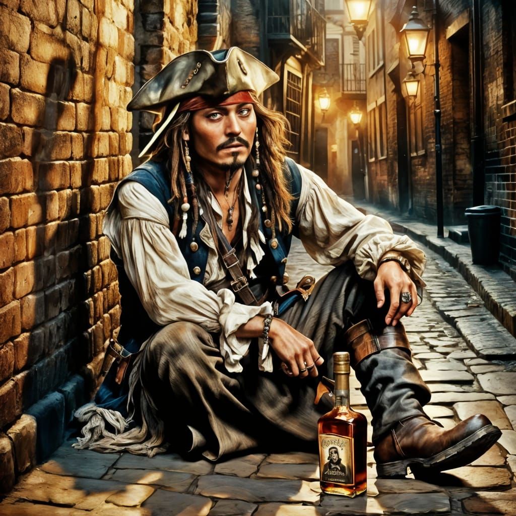 Hyperrealistic Captain Jack Sparrow in London Alleyway