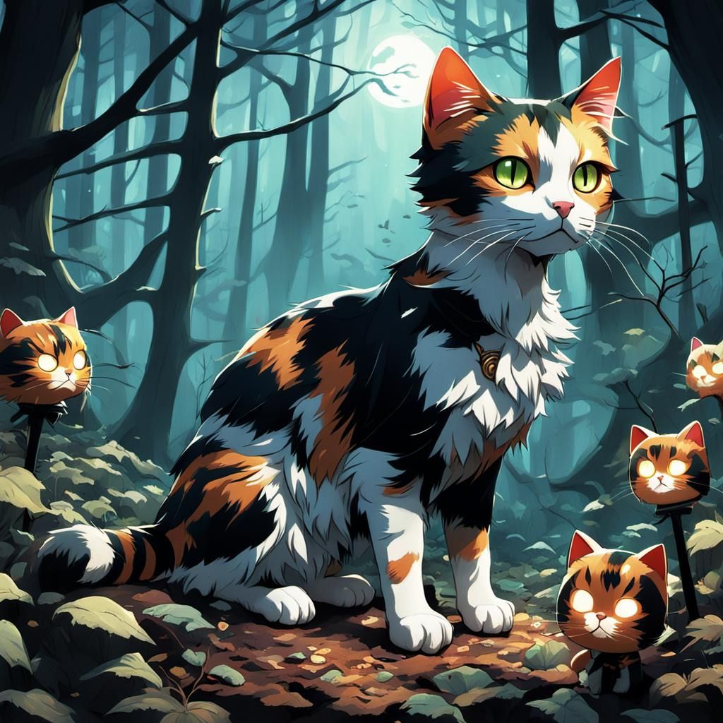 Calico Cat in Haunted Forest, Anime Style