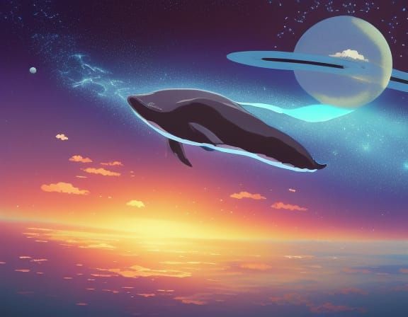 giant whale swimming through space with planets and stars Studio Ghibli, Anime Key Visual, by Makoto Shinkai, Deep Color...
