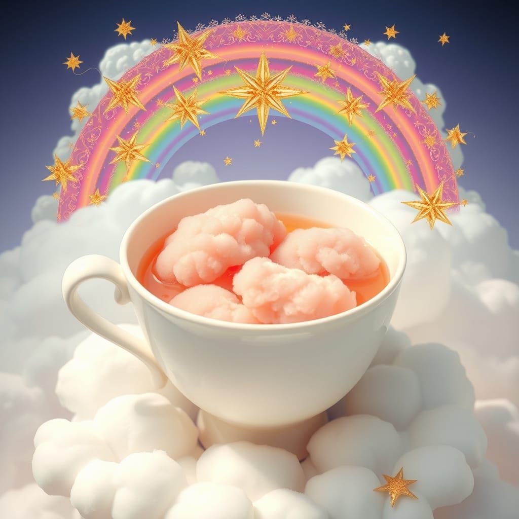 Dreamy Teacup with Rainbow Clouds and Gold Fractals