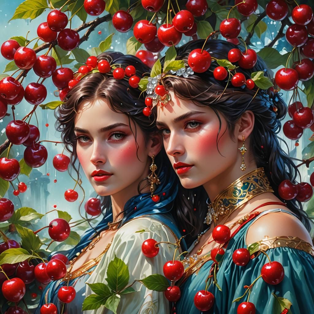 Hyperrealistic Cherries in Watercolor Fantasy Art