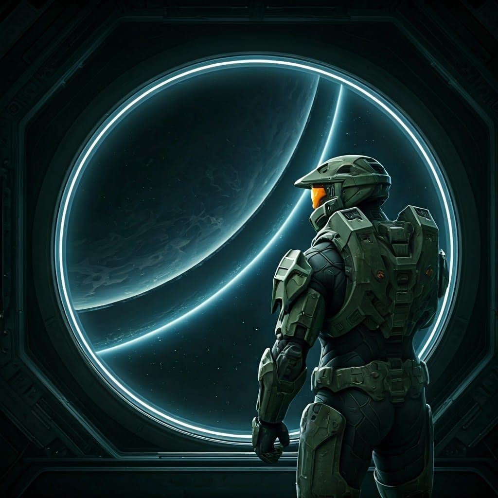 Master Chief Gazes at Halo Ring in Space