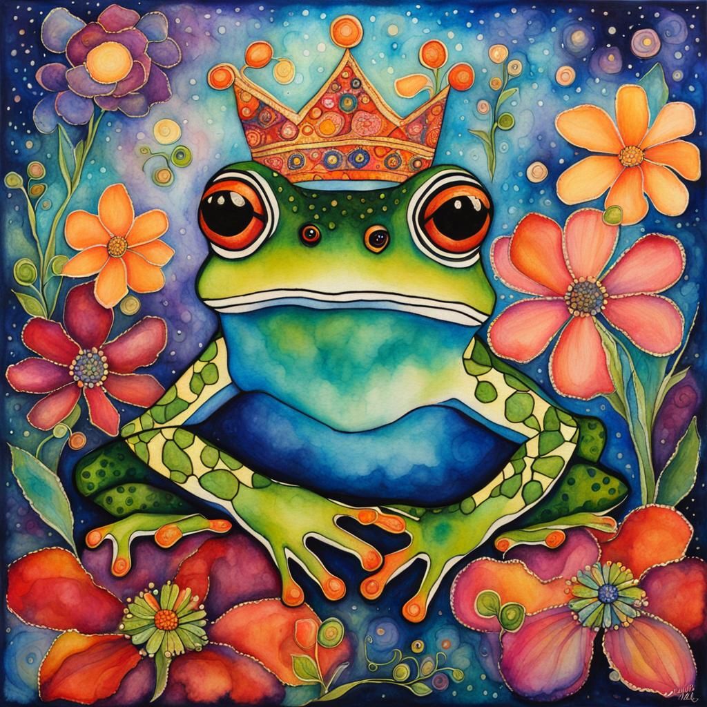 Majestic Frog Prince Portrait in Abstract Ink Style