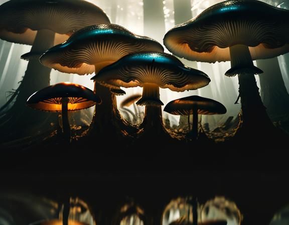 Jellyfish and Toadstools in Misty Forest: Digital Matte