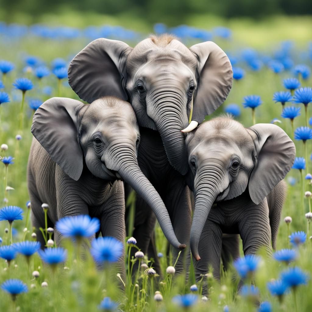 Baby Elephants in Blue Cornflower Field