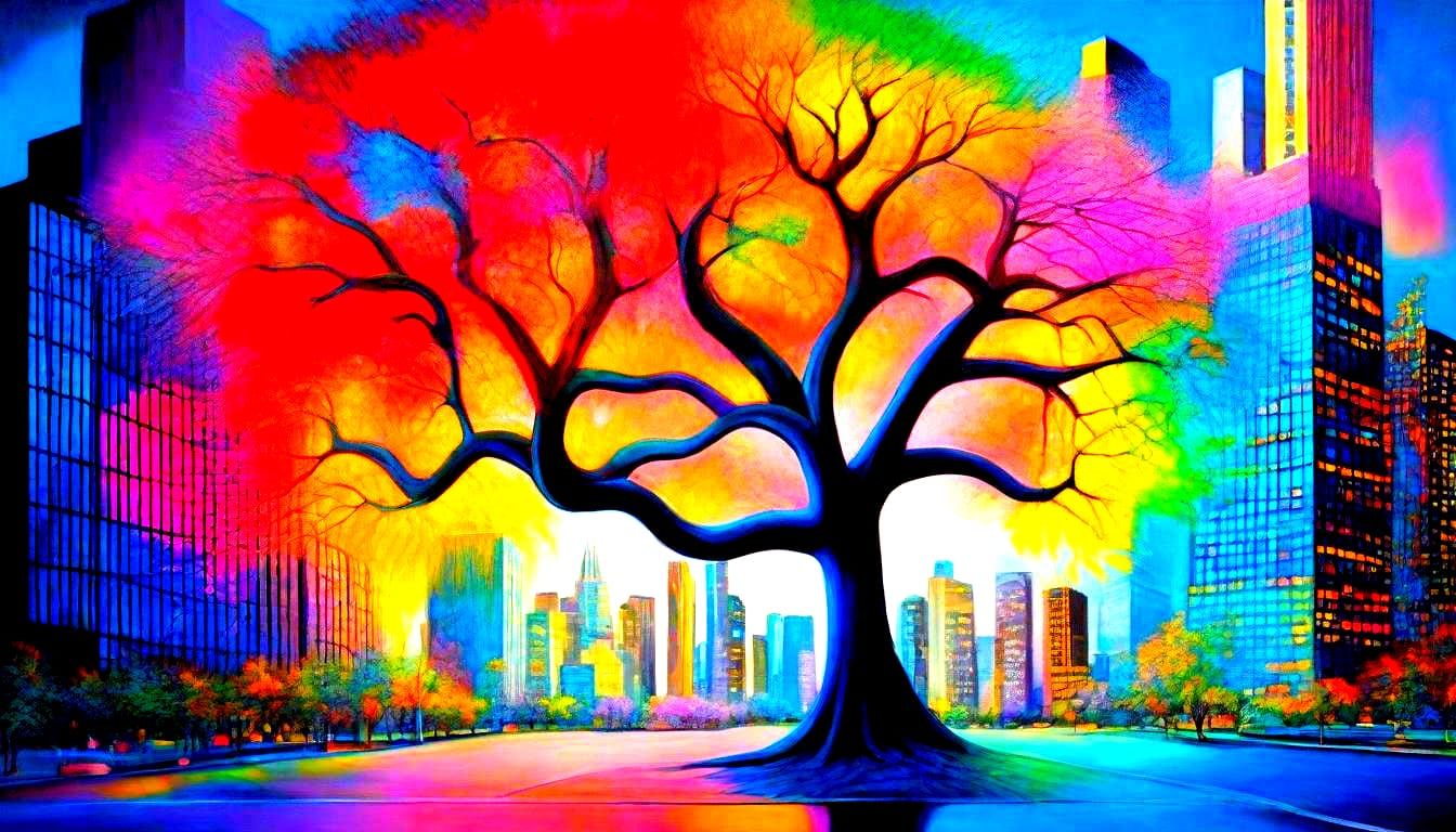 Surreal Futuristic Landscape with Rainbow Fibonacci