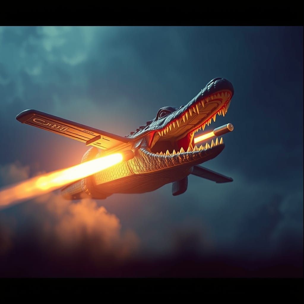 Cinematic Crocodile Aerial Assassin in Film Noir Style