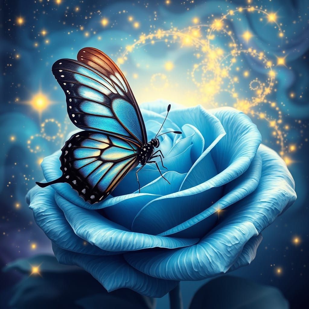 Iridescent Butterfly Perches on a Celestial Rose