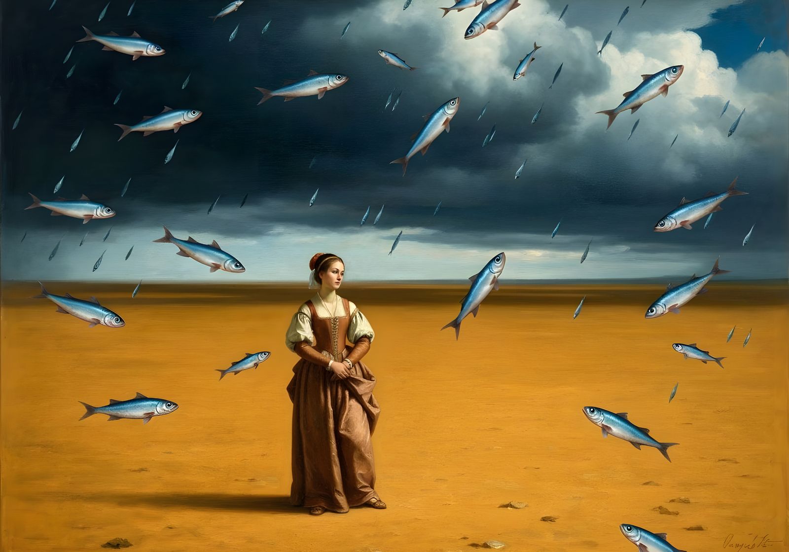 Renaissance Style Oil Painting: Fish Rain Over Desert