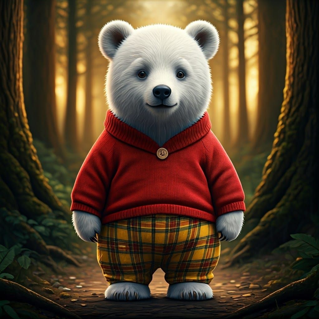 Whimsical White Bear in Enchanted Forest, Classic Book Illus...