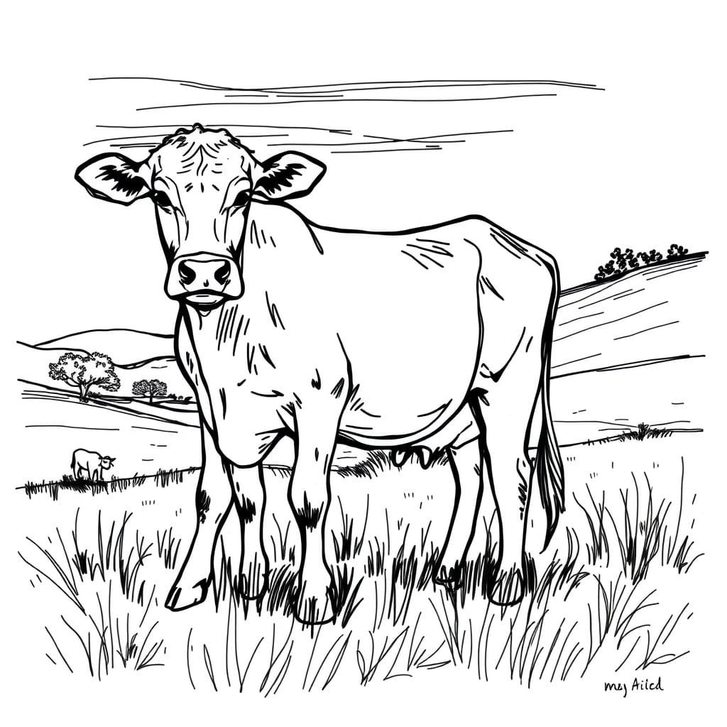 Cow in Serene Landscape: A Black and White Sketch