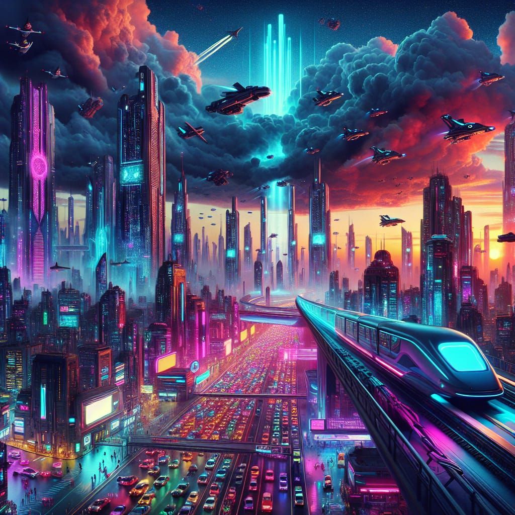 Neon Future City with Flying Vehicles: Matte Painting