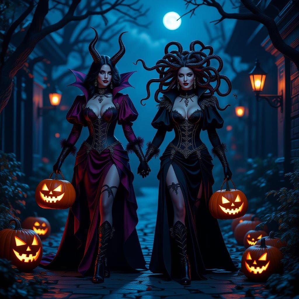 Gothic Halloween Duo Trick-or-Treating in Twilight