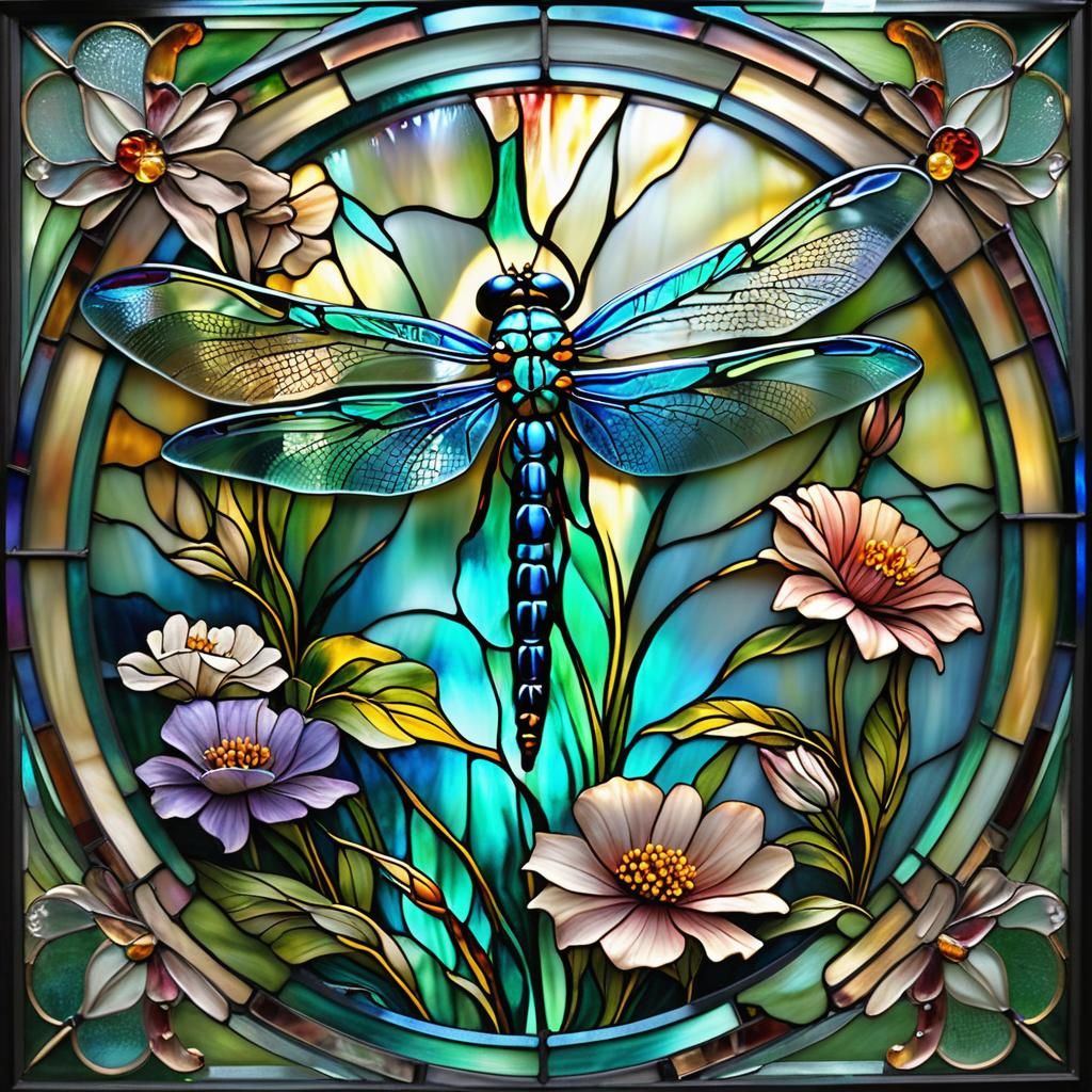 Stained Glass Dragonfly Art on Flower