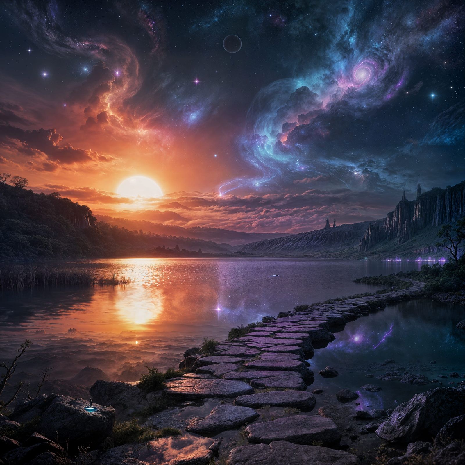 Eerie Cosmic Landscape with Glowing Sunset and Lake