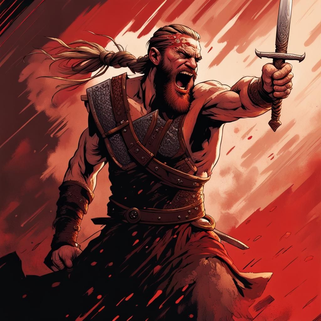 Viking Warrior Rushing Into Battle, Comic Book Art