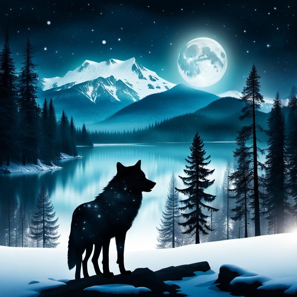 Wolf Silhouette: Forest Moon and Mountain