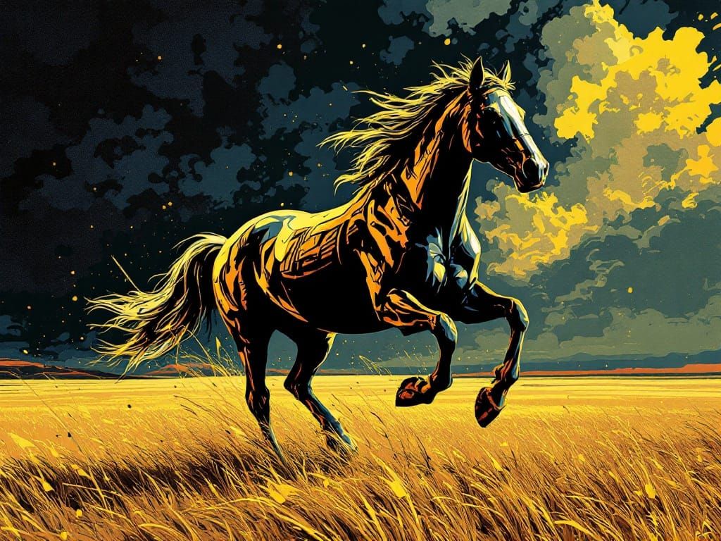 Golden Freedom Unbridled - A Dynamic Fusion of Art and Chaos