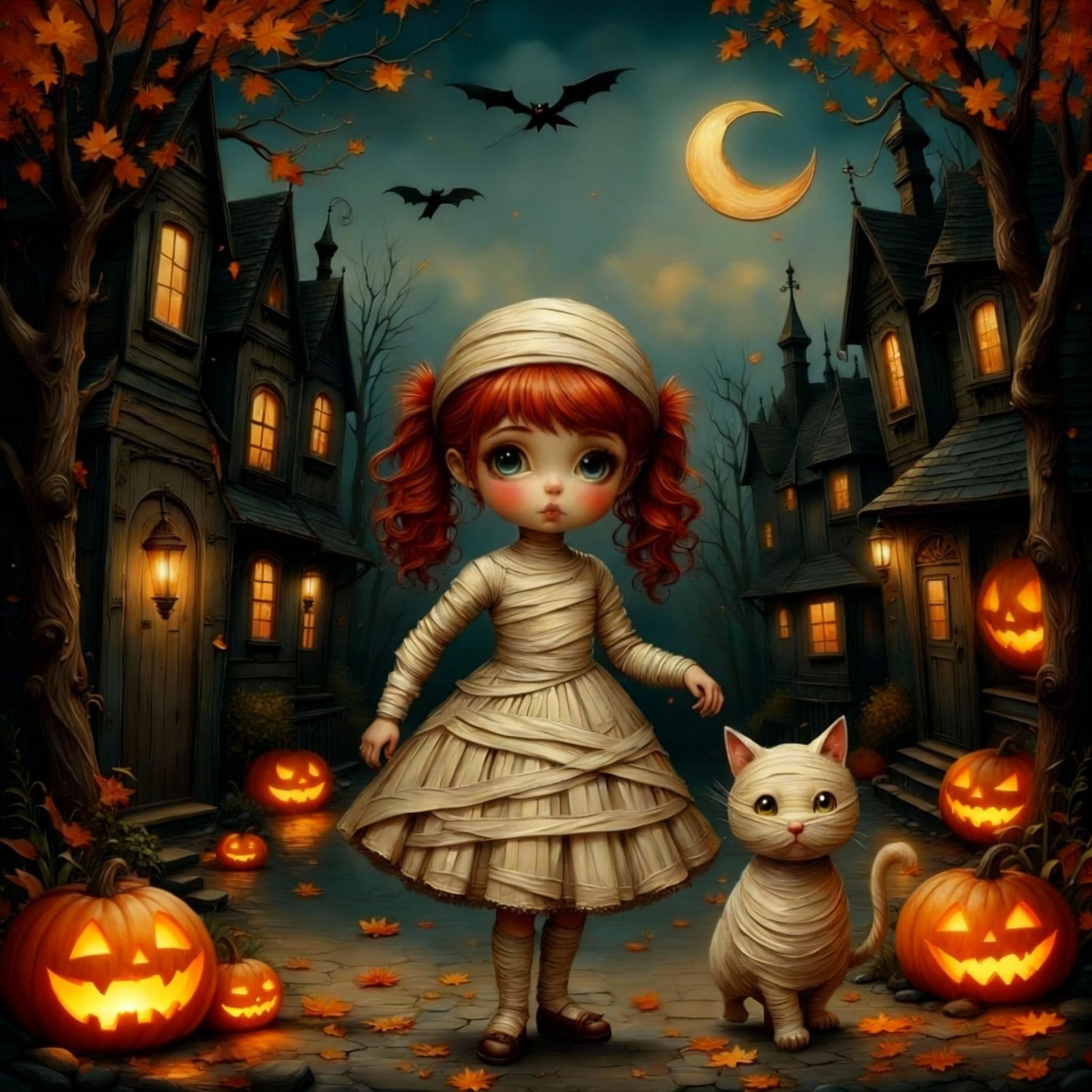 Cute Mummy Girl and Cat Trick-or-Treating