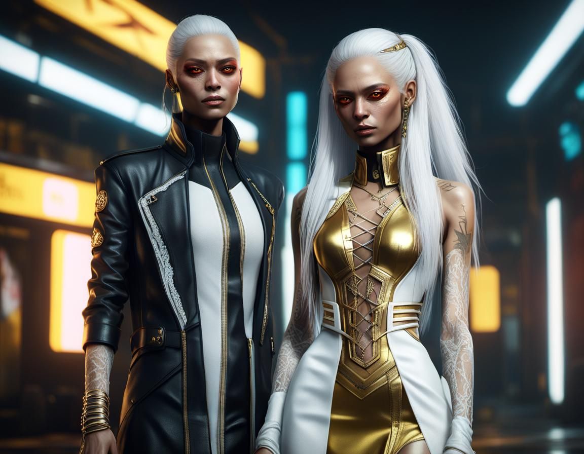 Young girl, looks like Thandiwe Newton, tall, very slim, sharp thin features, caramel eyes, long white hair, white eyebr...