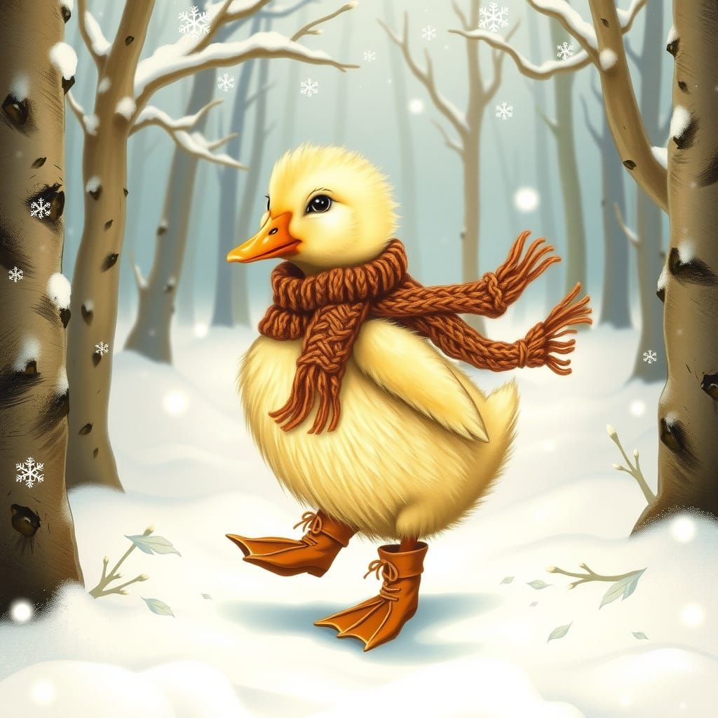 Dancing Duckling in Snowy Woods, Illustration Style