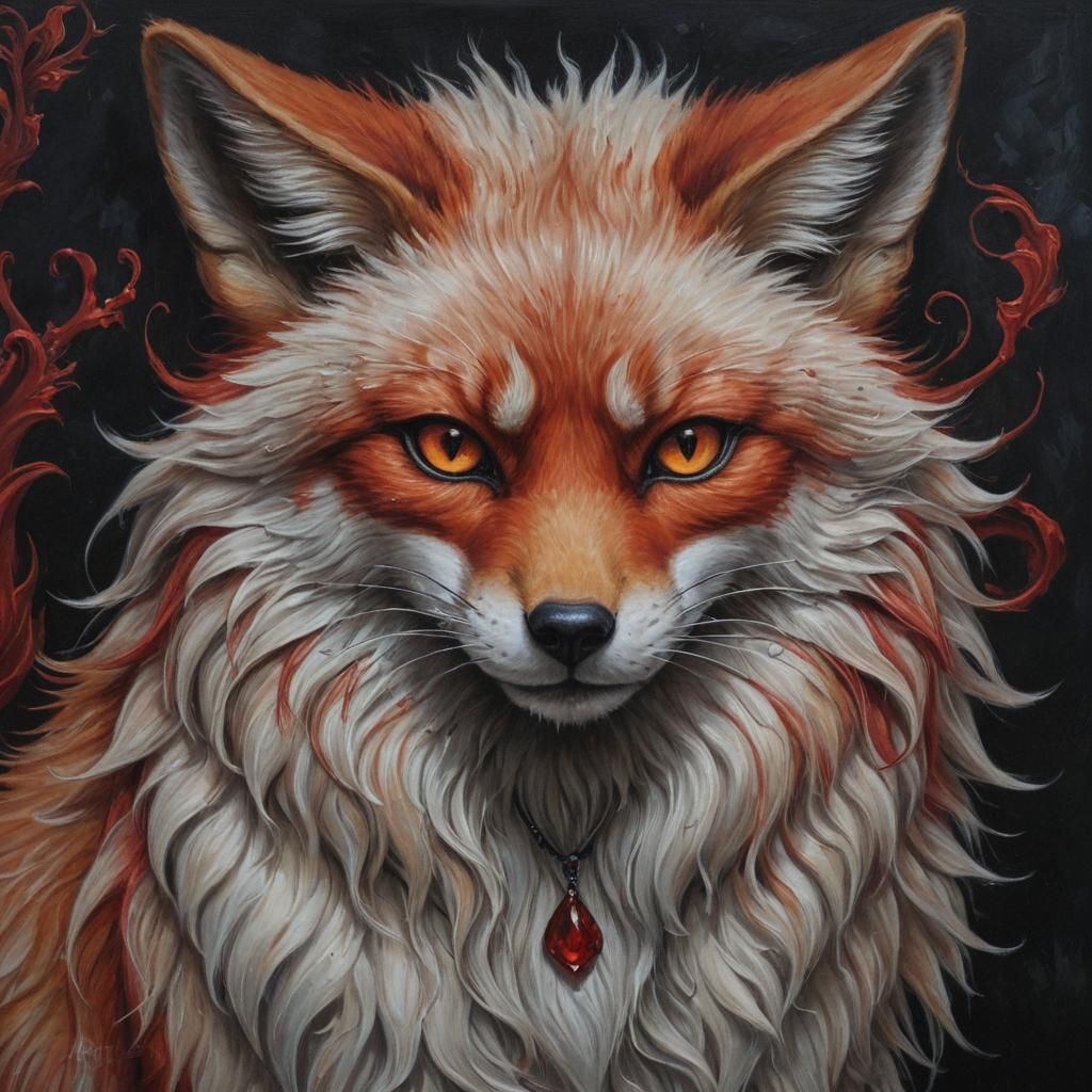 Red Goth Kitsune in Oil Painting Style