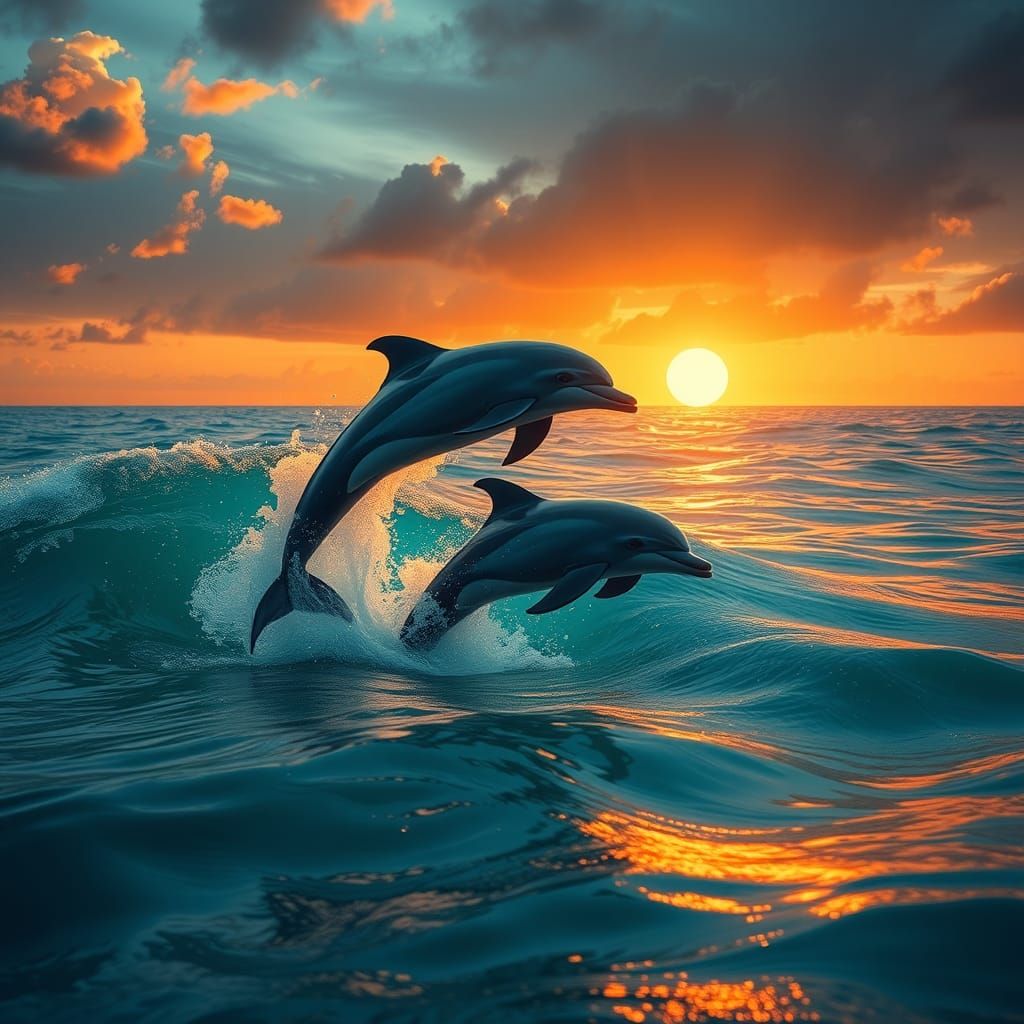 Dolphins Leap from Ocean at Dramatic Sunset