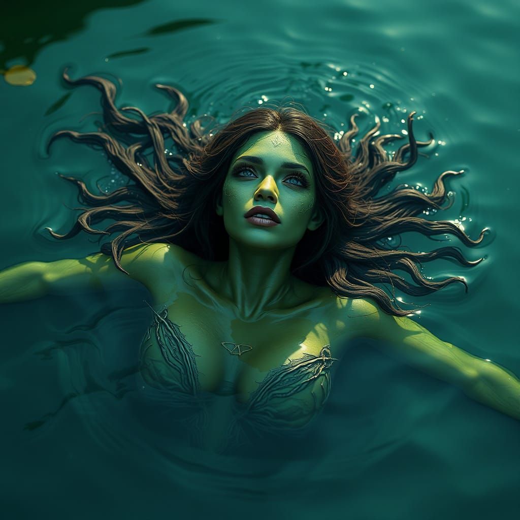 Green-Skinned Naiad Floating in Lake: Fantasy Concept Art
