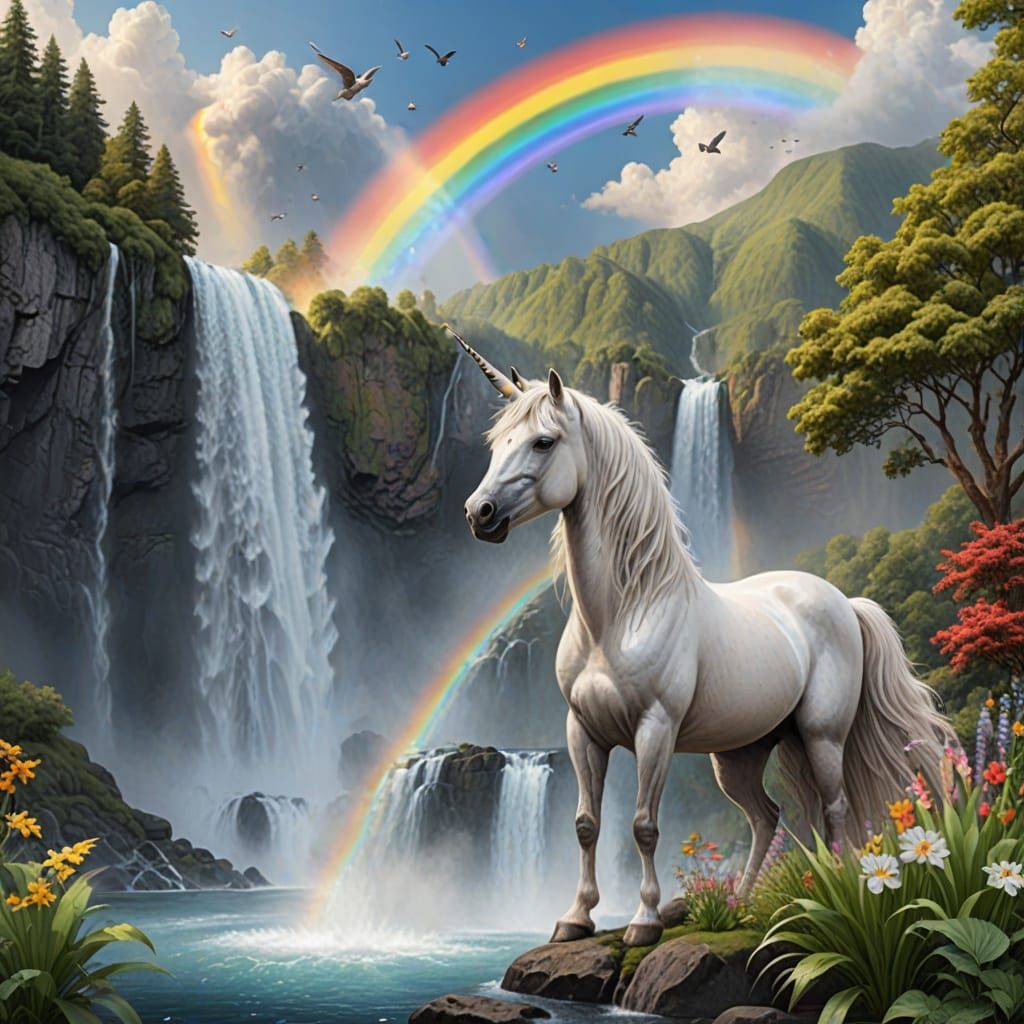 Enchanted Unicorn Watches Majestic Waterfall with Vibrant Ra...