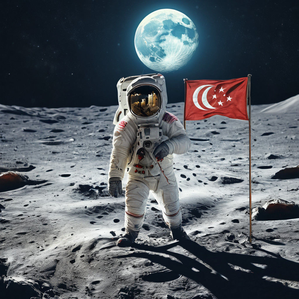Surreal Lunar Astronaut Surrounded by Vibrant Singaporean Co...