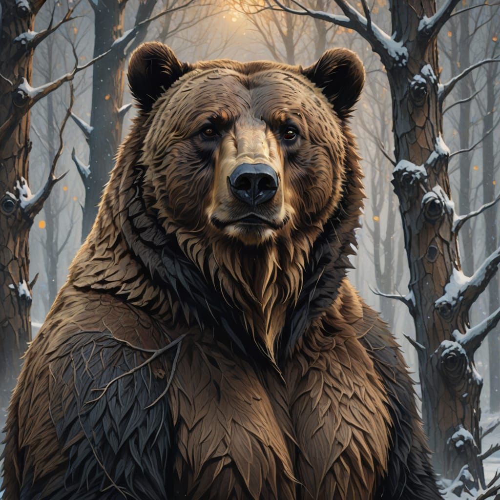 Majestic Bear Protects Bare Tree in Winter