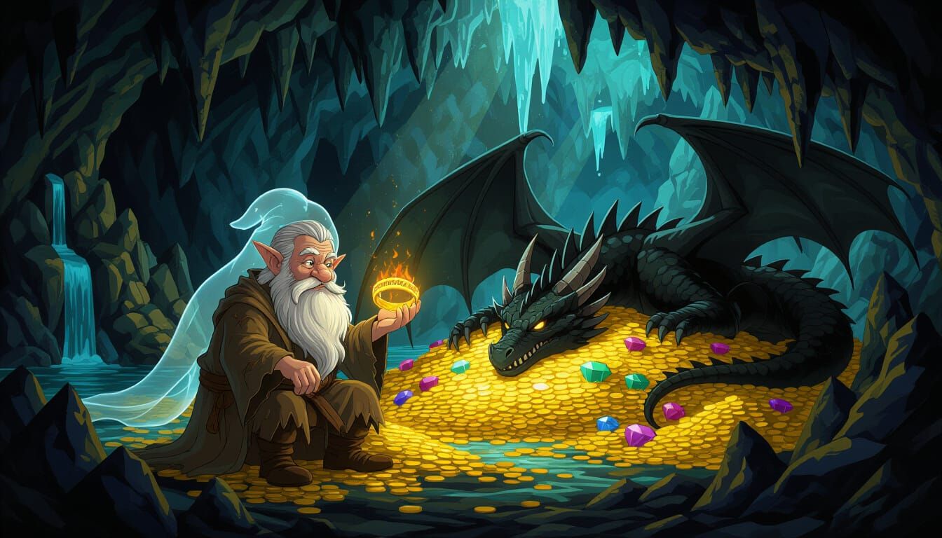 Hobbit and Dragon Treasure Cave in Manga Style