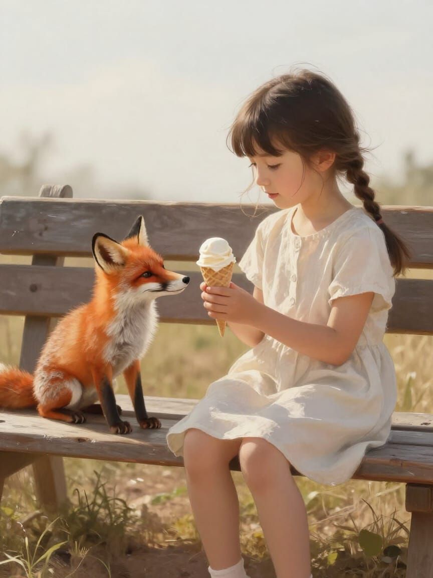 Girl Shares Ice Cream With Fox in Warm Painterly Style