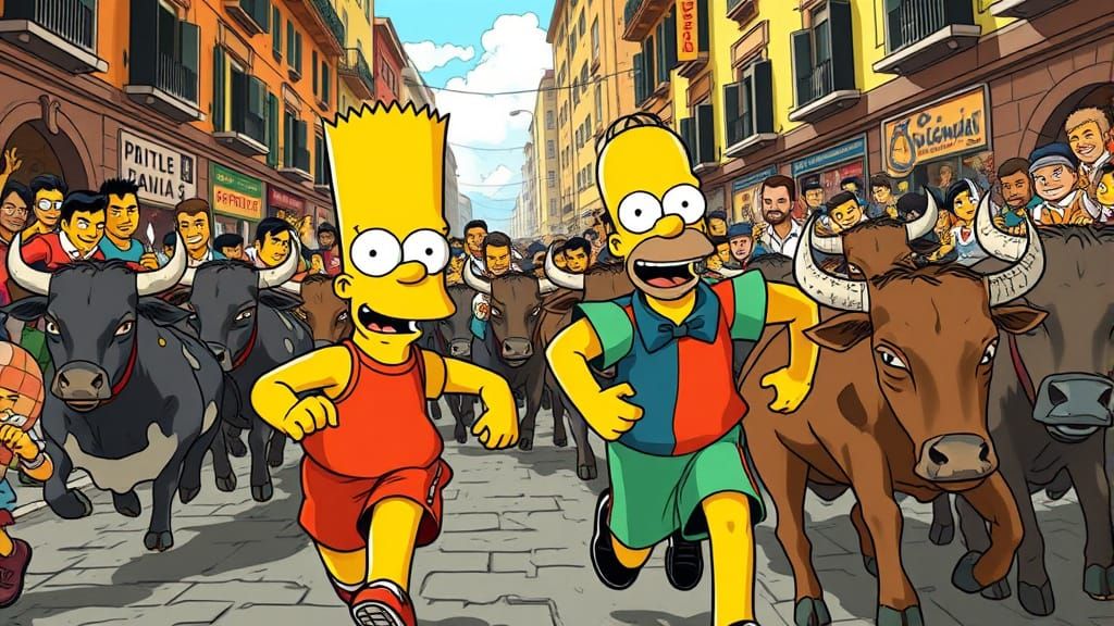 Homer and Bart Running with Bulls, Groening Style