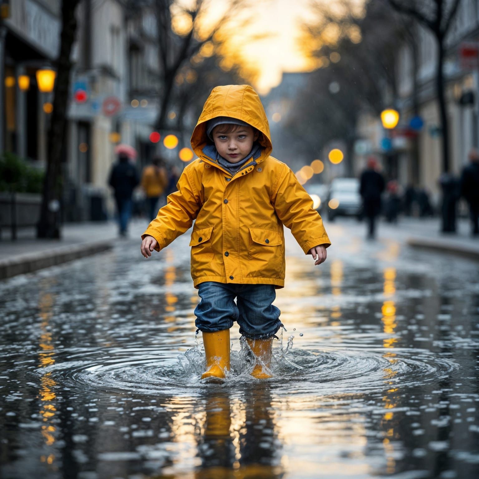 Child Splashing in Puddles at Sunset