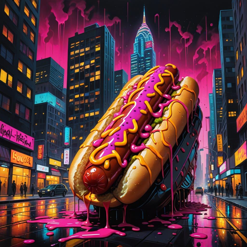 Neon Hotdog Skyscrapers in Graffiti Art Style