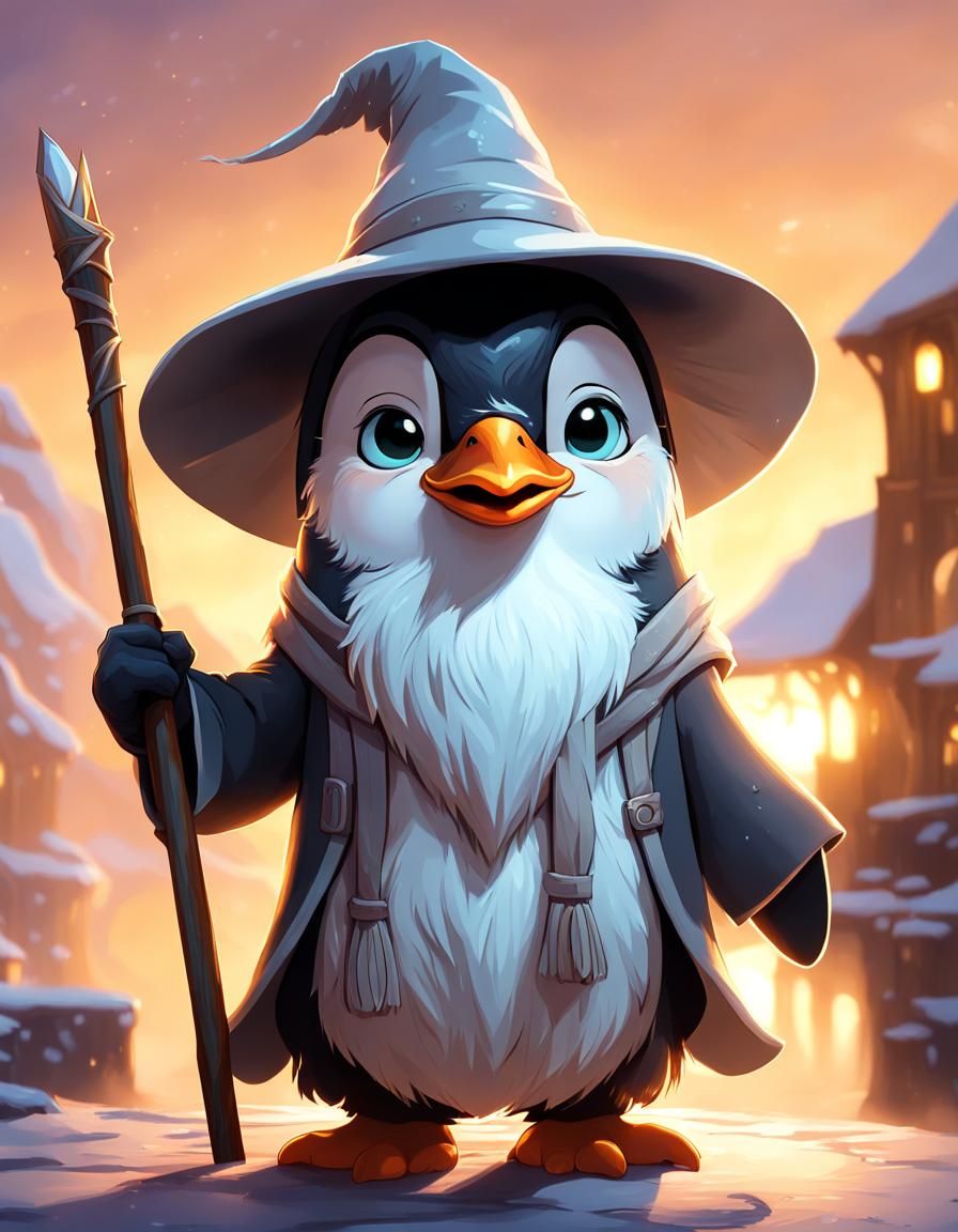 Penguin as Young Gandalf in 2D Cartoon Style