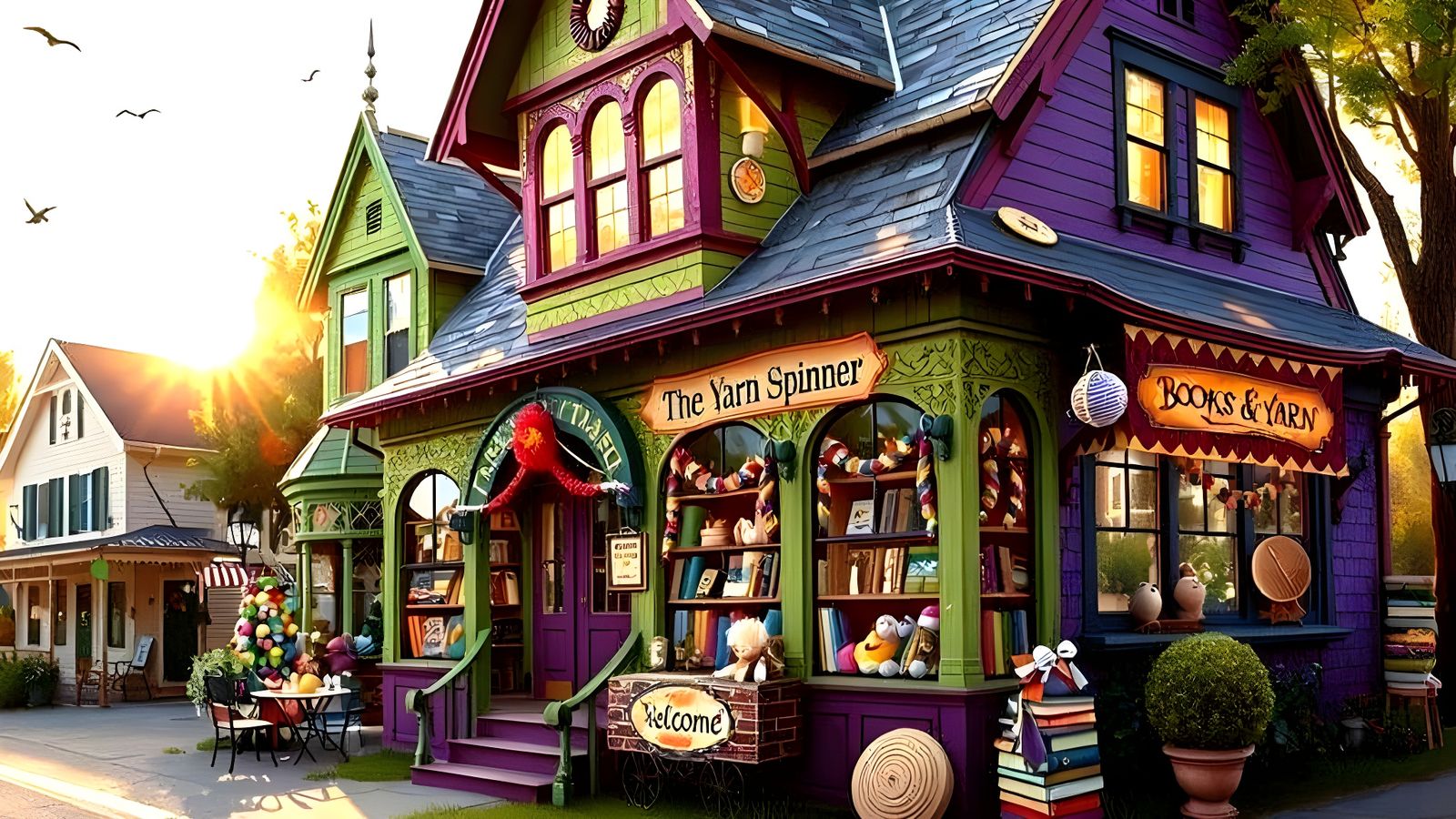Quaint Victorian Yarn Store with Whimsical Window Display