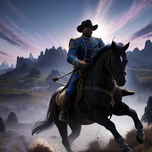 Epic 3D Rendering of Horse Rider Under Colorful Sky