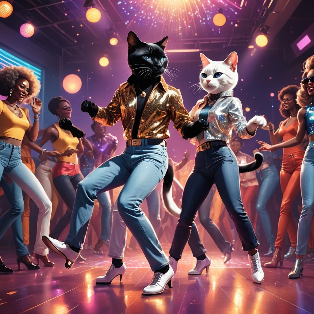 Anthropomorphic Cats Dancing in 1970s Disco, Digital Art