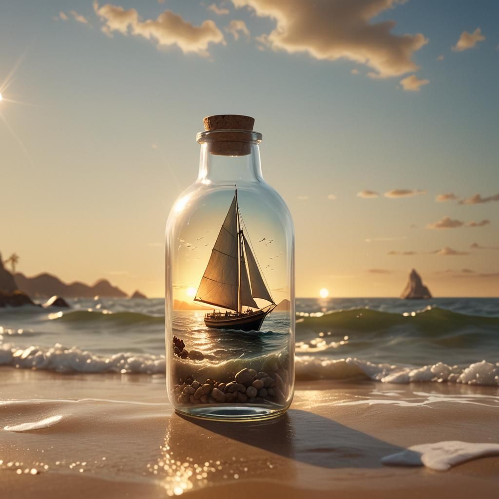 Sailboat in a Bottle Drifting to Shore