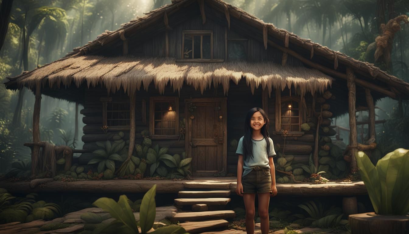 Smiling Girl in Jungle Cabin: Fantasy Concept Art