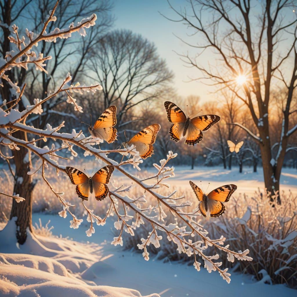 Whimsical Butterflies Dance in Winter's Golden Light