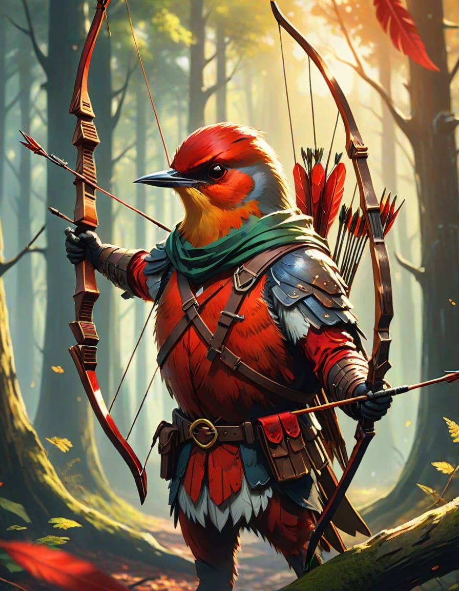 Red Robin Hood Bird in Forest, Digital Oil Painting
