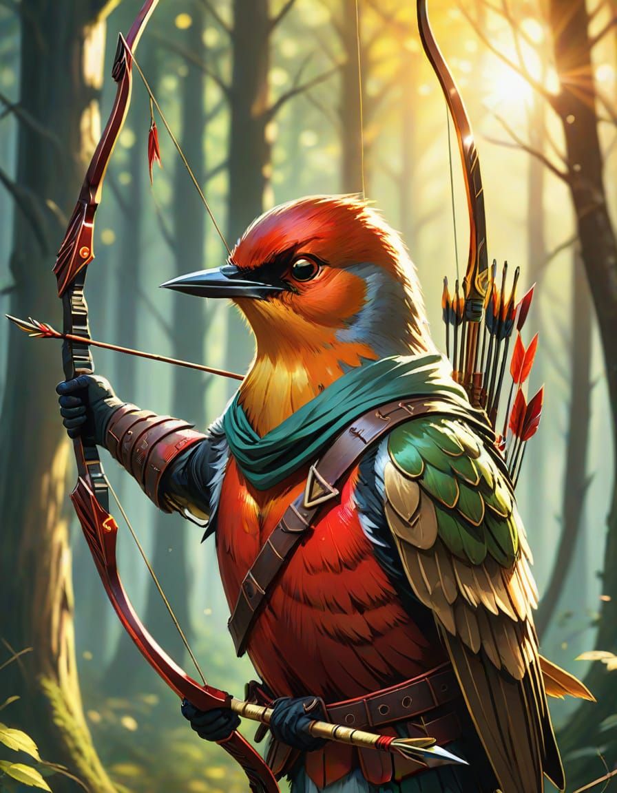 Red Robin Hood Bird Archer in Forest, Digital Art