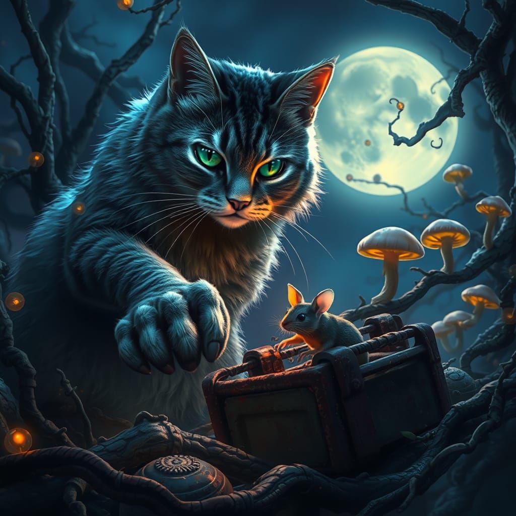 Cat Rescues Mouse in Mystical Moonlit Scene