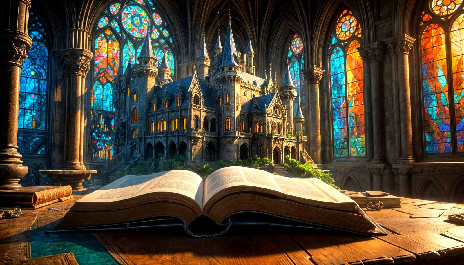 Gothic Castle Rises from Mystical Book, Hyperrealistic Art