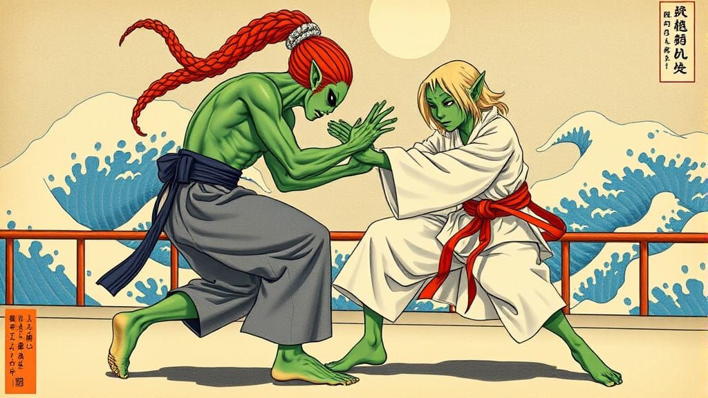 Alien Judo Match in Ukiyo-e Style