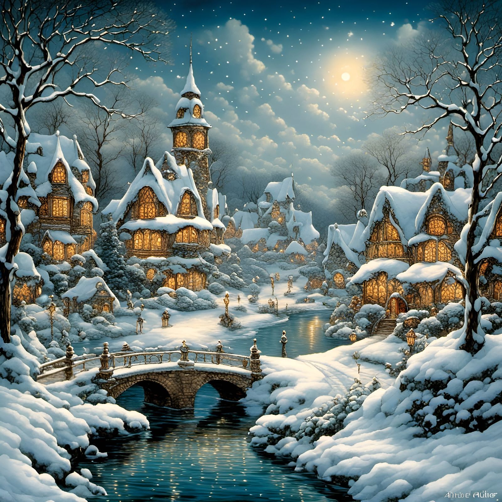 -Christmas village, winter wonderland, frozen lake, sparkles...